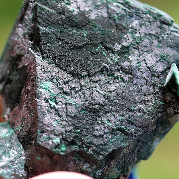 Azurite pseudomorph replaced by Malachite. Tsumeb Mine, Namibia. Cool trigon growth, 63.4 grams