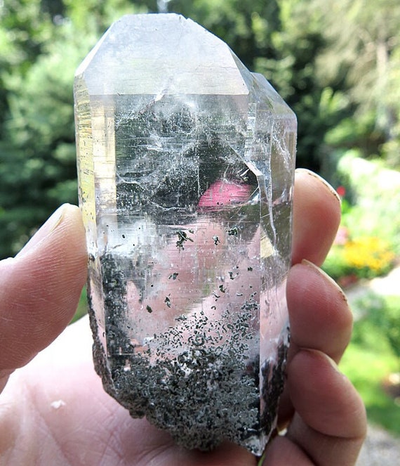 Long 3.75 inch Tabby Quartz with Albite and Biotite crystal point. Pakistan