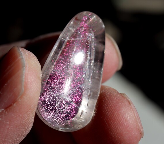 Pink Fire, Covellite included teardrop facet quartz crystal. Brazil. 39.05 carats