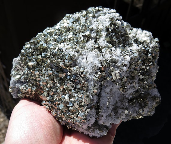 Large 7 inch high dome of Brassy Pyrite on Quartz. Huanzala Peru. 3 pounds 12 ounces.