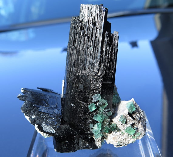 Lustrous Schorl with fluorite on Feldspar. Erongo Mountain, Usakos & Omaruru District, Namibia. Ex Collectors Edge