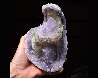 Natural Amethyst, calcite living room wild display. Rio Grande do Sul, Brazil. 8 inch tall