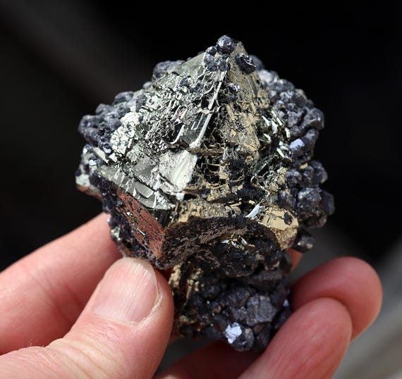 A perfect octahedron of pyrite with galena. No damage. Huanzala mine, Huallanca Dist., Ancash, Peru