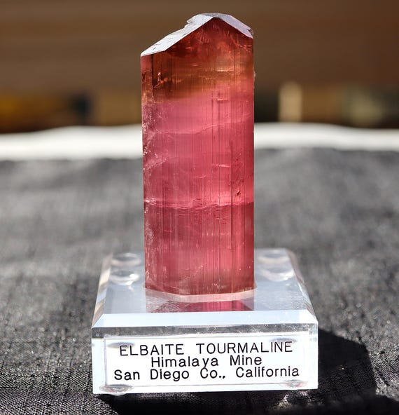 Elbaite var. Tourmaline. Doubly terminated. Himalaya Mine, San Diego Co., California. 88.3 grams. Custom Sunnywood base