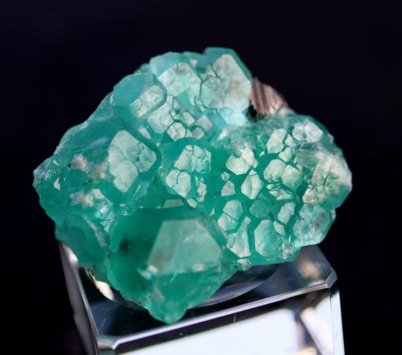 Gem Fluorite with Bournonite. Found in a small pocket that produced intense blue green translucent aqua gem crystals. Cerro de Pasco, Peru.