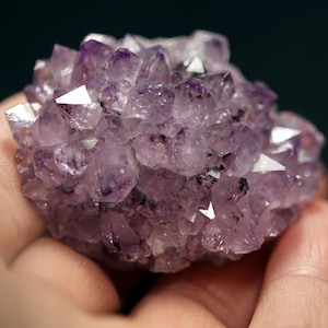 Può includere: Un gruppo di cristalli di ametista, che mostra una gamma di tonalità viola, dal lavanda chiaro al viola scuro. I cristalli hanno terminazioni appuntite e una superficie brillante e riflettente. La forma generale è arrotondata e compatta.