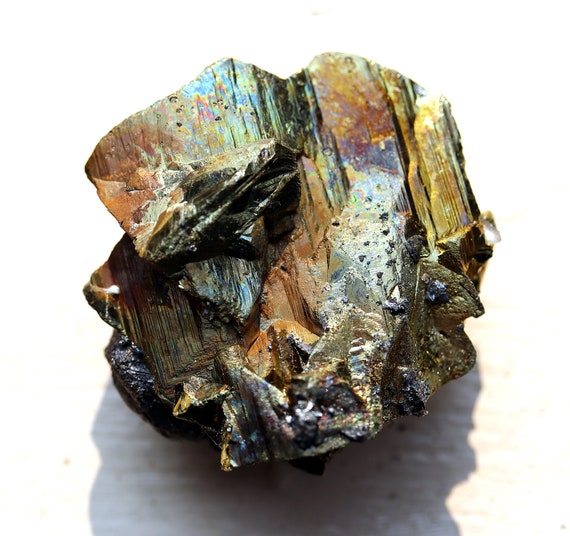 Colorful iridescent Chalcopyrite, Quartz, Sphalerite. San Martin mine, San Martin-Sabinas District, Zacatecas, Mexico. Stands upright