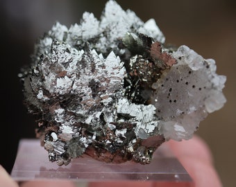 Lustrous blades of Marcasite with Calcite, Pyrite Quartz. Panasqueira Mine Castelo Branco, Portugal. 50 mm. This piece is SO good. SEE VIDEO