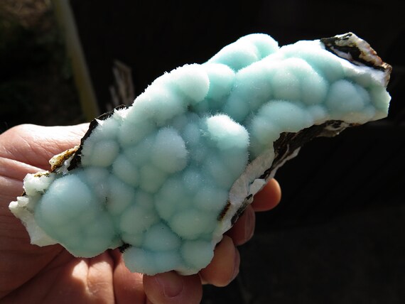 100 % Natural blue Aragonite crystals on matrix. Wenshan Mine, Wenshan City, Wenshan, Yunnan, China. 5 inch, sits perfectly