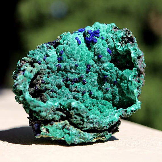 Velvet Malachite with Azurite crystals. Liufengshan Mine, Guichi, Anhui, China. 3 inches. Stands on a natural bottom