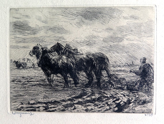 Vintage Etching, "Ploughing" by Waalko Jans Dingemans Dutch 1873-1925 Signed, Numbered 38