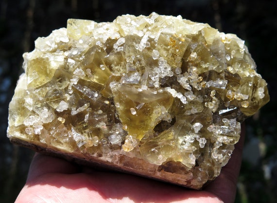 Large Fluorite with Calcite. Bull Vein Pocket, Lady Annabella mine, Eastgate, Weardale Co., Durham, England. 4.5 inch 1.4 pounds. Stands