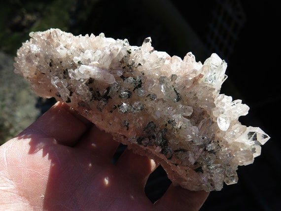 Pink Quartz with internal Clinochlore. Mined at the Santander mine, Colombia. 5.5 inch, sits perfectly on edge horizontally. No damage