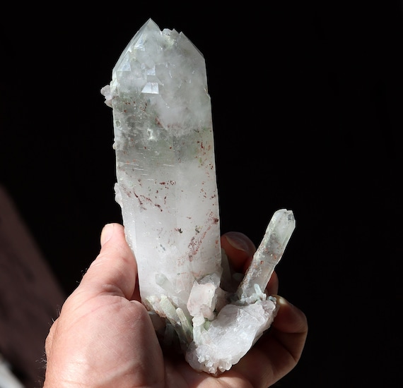 Cathedral Quartz point with inclusions, Ajoite, Copper, Hematite, Epidote. Messina mine South Africa 6.5 inch. Long side car. CE label