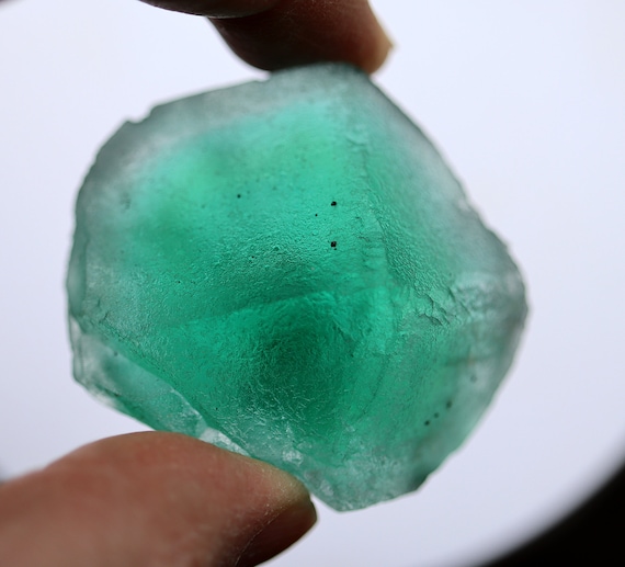 Gem Fluorite with spot of Bournonite. Found in a small pocket that produced green blue translucent gem crystals. Cerro de Pasco, Peru