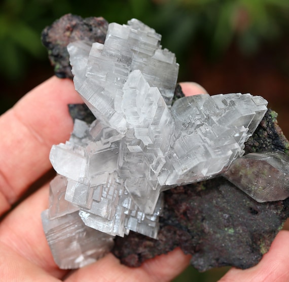 Interesting stepped growth Calcite crystals on matrix. Old Crystal Classics collection label. Tsumeb mine, Namibia. No damage. 3.5 inch