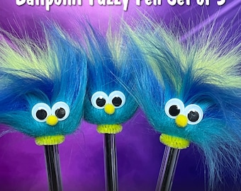 3 Fuzzy Pens Ballpoint 1mm  "A SMILE with a TWIST" Set of 3, Tricolor fur top Colorful Fun Pens, Modern Retro Novelty Gift, Birthday favors