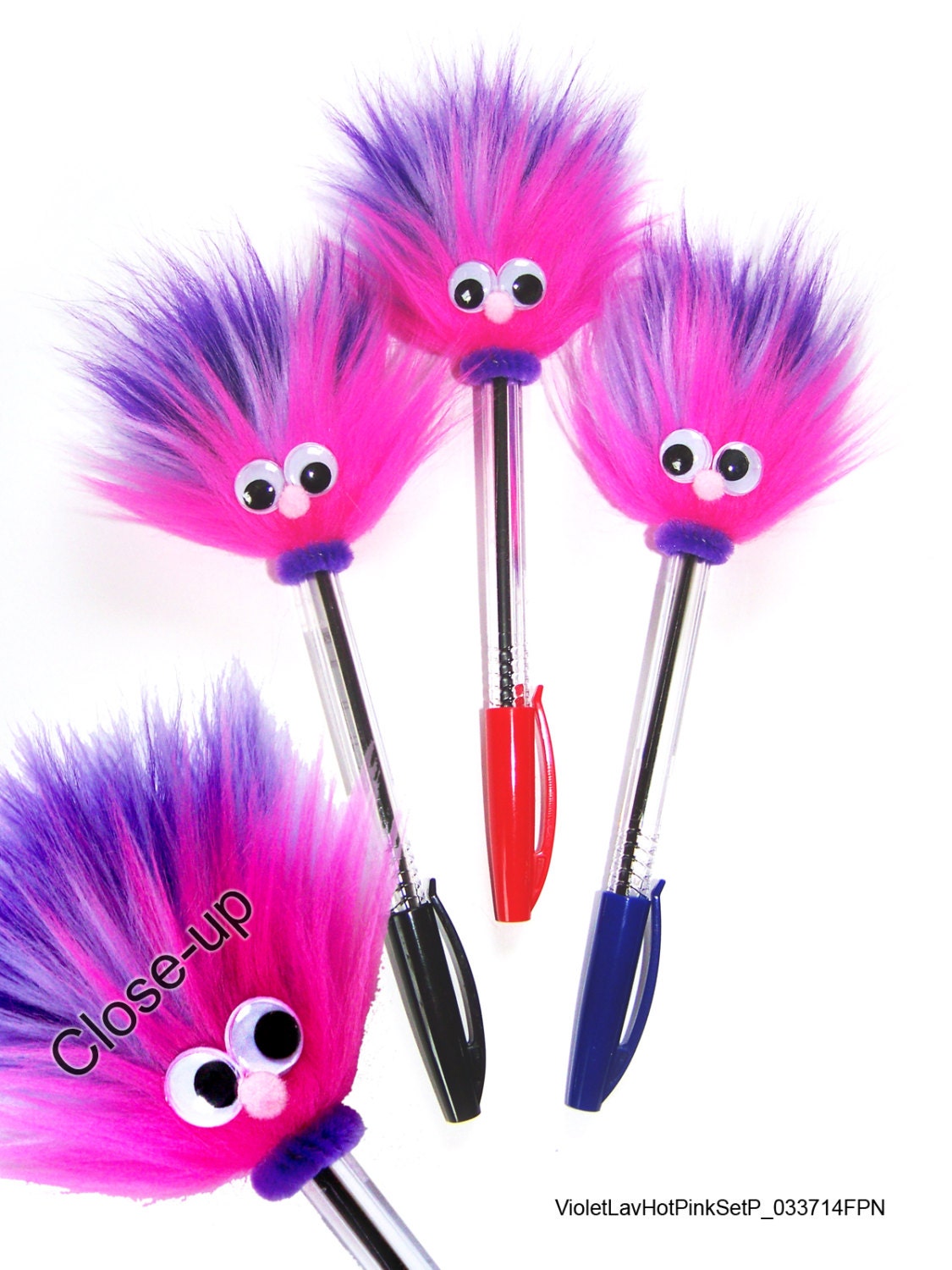 3 Fuzzy Pens Ballpoint 1mm  "A SMILE with a TWIST" Set P, Playful, Wild, Whimsical, Happy Pen set of 3, Colorful & Fun Gift, Teachers