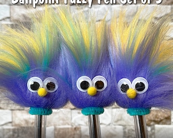 3 Fuzzy Pens Ballpoint 1mm  "A SMILE with a TWIST" Set Periwinkle, Tricolor fur top, Colorful and Fun, Modern Retro, Birthday Gift, Waitress