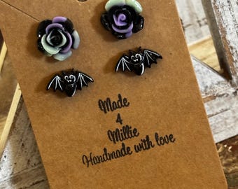 Bat and Rose set of stud earrings: Goth stud earrings, spooky cute niche jewelry accessories