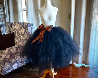 Ready to Ship Black Halloween Tea Length Tutu | Women's Medium | Black Tulle Witch Skirt with Orange Glitter Bow | Handmade Adult Tutu