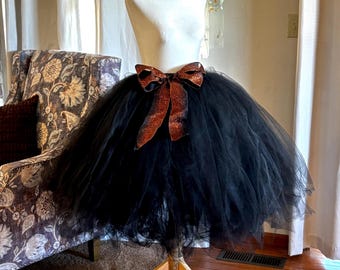 Black Tea Length Tutu Skirt | Adult Black Tulle Skirt with Orange Glitter Bow | Handmade Halloween Witch Costume | Sewn Midi Length Tutu