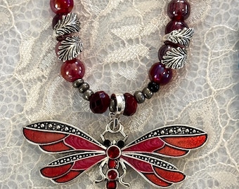 One of a Kind Red Dragonfly Pendant Necklace • Beaded Statement Jewelry