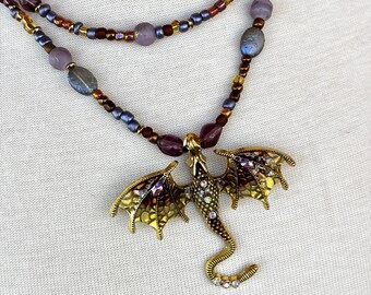 Beaded Dragon Pendant Necklace, Purple and Gold Fantasy Jewelry, Gothic Dragon Charm Necklace, Layered Bead Choker, Mythical Renaissance