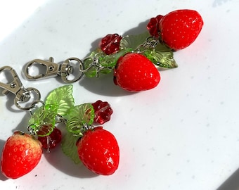 Strawberry keychain: Dangle strawberry key lanyard,  Cottagecore style