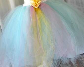 Adult long tea length tutu skirt in mint blue with a splash of pink and yellow, Costumes, parties, photoshoots, festivals, dance events