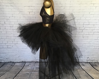 Dramatic Black High-Low Tutu - Unlined Tulle Statement Skirt - All-Tulle Asymmetrical High-Waist Skirt, Layered Tulle Hi-Lo