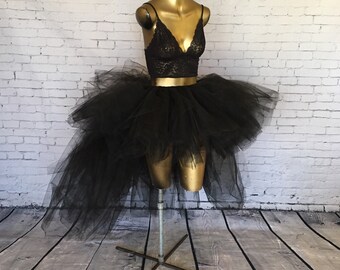 Black High Low Tutu Skirt, Adult Tulle Skirt, Elastic Waist Tutu, Goth Skirt, Asymmetrical Tulle Skirt, Festival Rave Outfit, Halloween Tutu
