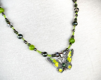 One of a Kind Green Butterfly Necklace, Handmade Boho Necklace, Nature Inspired Jewelry, Green Butterfly Pendant, Statement Necklace