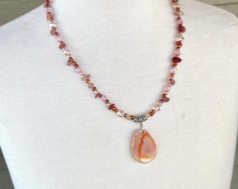 One of a Kind Pink Agate Pendant Necklace | Handmade Boho Beaded Necklace | Blush Pink Cottagecore Jewelry | Romantic Statement Necklace