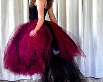 Handmade Statement Skirt, Dramatic Tulle Skirt with Train, Black Red Tutu Skirt Adult, Goth Bridal, Ready To Ship