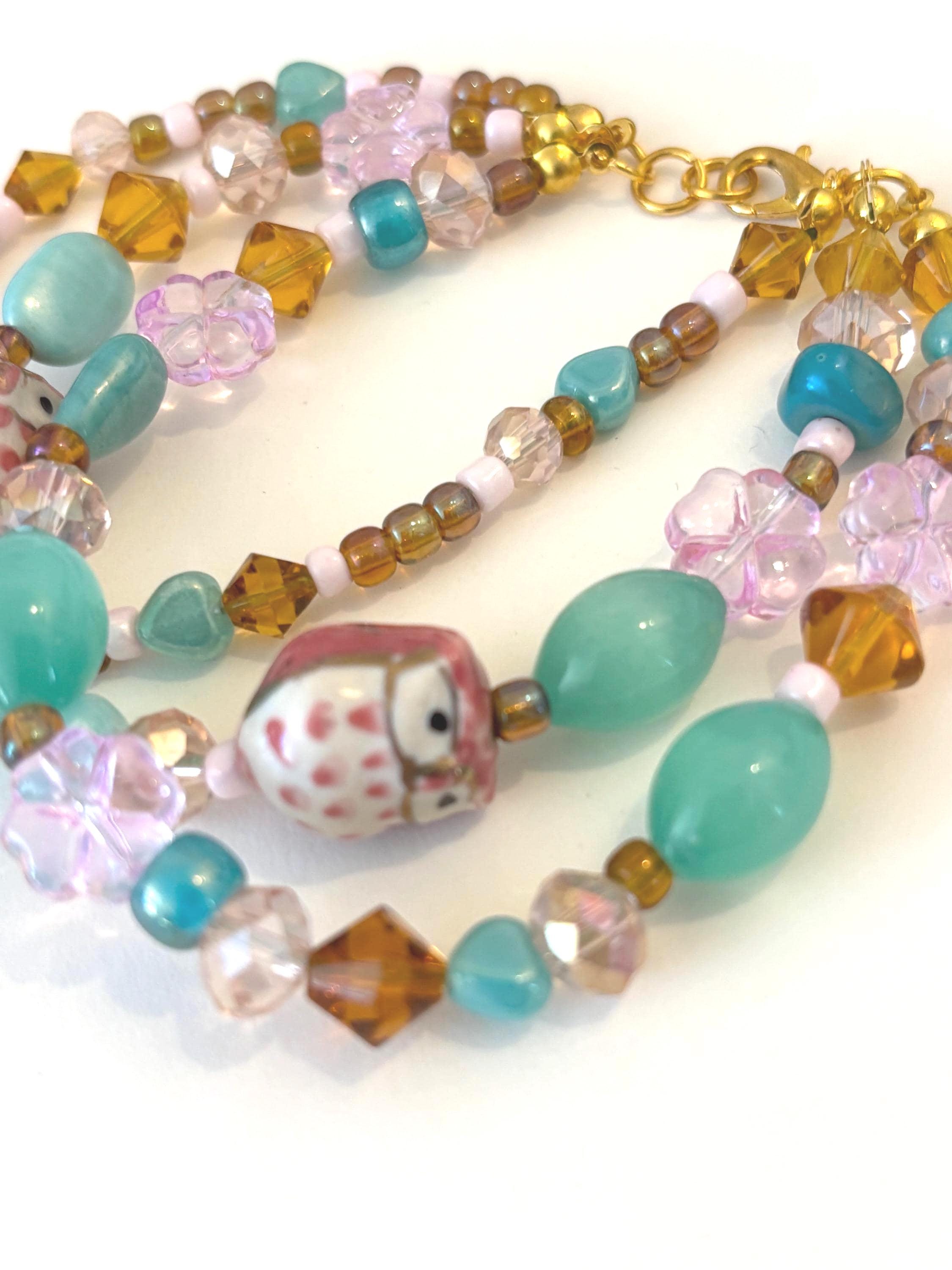 Multi strand artisans beaded bracelet: Owl lovers, stocking suffer gift for her, Boho jewelry