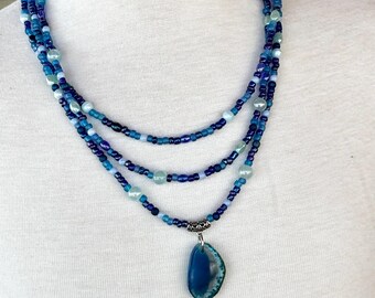 One-of-a-Kind Blue Agate Pendant Multi-Strand Necklace | Handmade Boho Beaded Statement Necklace | Ocean Inspired Jewelry