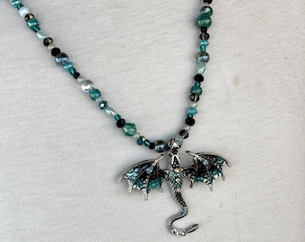Beaded Dragon Pendant Necklace, Teal and Black Fantasy Jewelry, Gothic Dragon Charm Necklace, Whimsical Boho Beaded Choker, Mythical Lovers