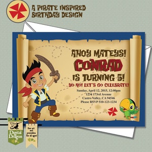 May include: A pirate-themed birthday invitation with a cartoon pirate holding a sword. The invitation reads "Ahoy Mateys! Conrad is turning 5!" and includes event details. The design features a treasure map background and a parrot.