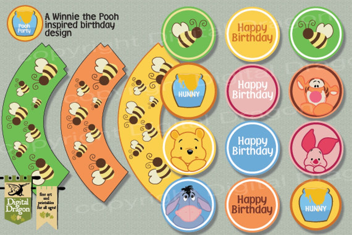 Winnie the Pooh Printable Cupcake Wrapper and Topper Set Etsy