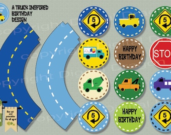 Truckin Party Printable Cupcake Wrapper and Topper Set