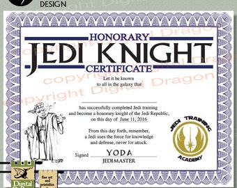 Jedi Training Certificate for Star Wars Party digital / Printable File ...