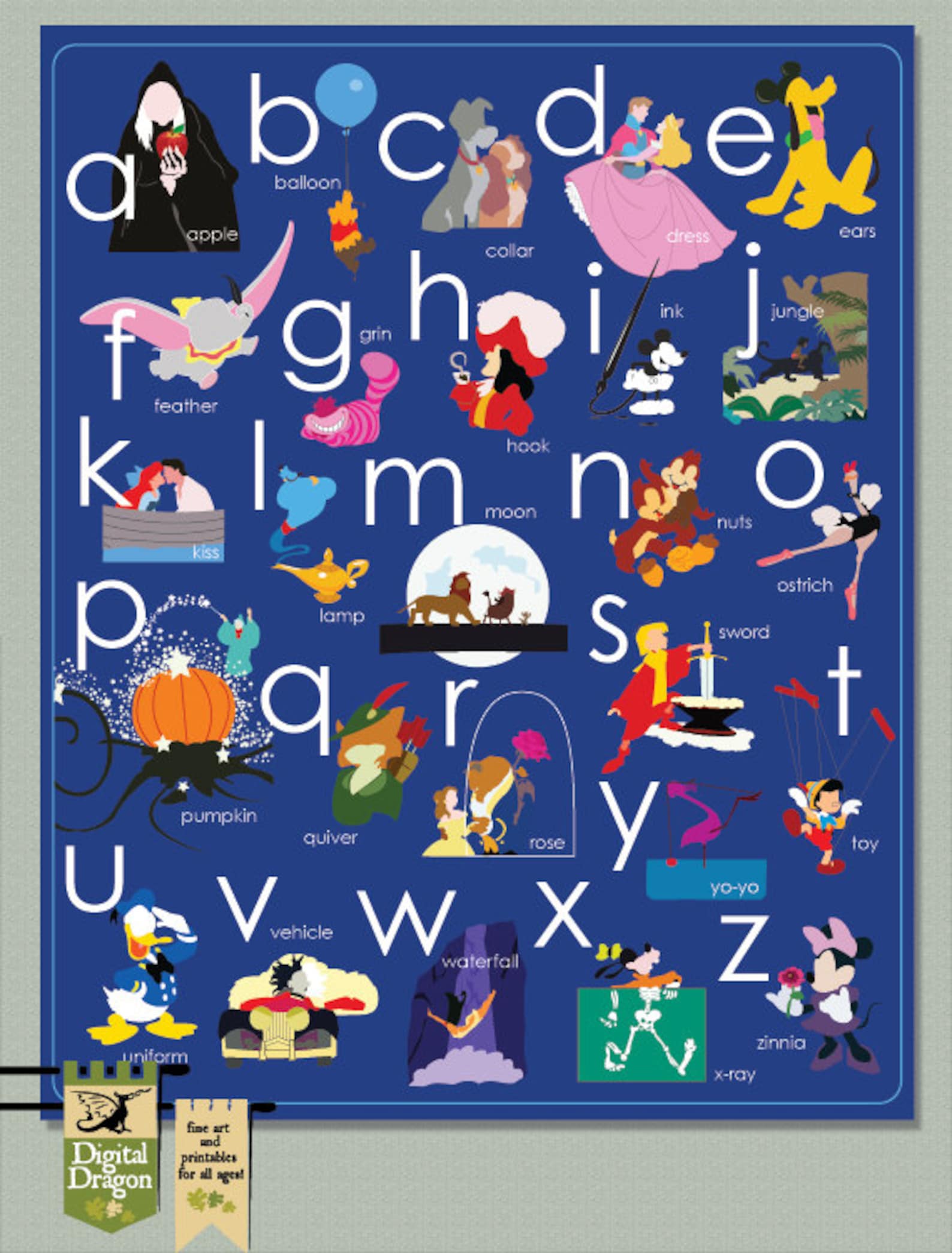 Disney Alphabet Toddler Poster Decor You Pick Your Favorite Color - Etsy