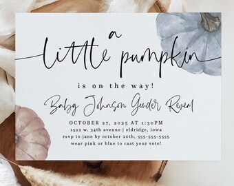 minimalist pumpkin gender reveal invitation, fall baby shower, pumpkin gender reveal, pink pumpkin, blue pumpkin, editable invite, BPPMP