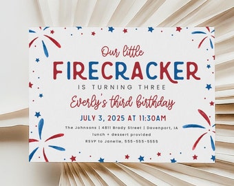 Firecracker Birthday Invitation, 4th of July theme, Patriotic Birthday, Editable Template (J4FR)
