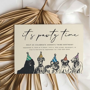 May include: It's party time! A birthday invitation with a colorful illustration of five dogs wearing party hats. The text reads "It's party time! Help us celebrate Asher's third birthday. September 5, 2025 at 11:30am | 1231 W. 35th Street, Davenport, IA. RSVP to Marissa by September 1st | 555-555-5555."
