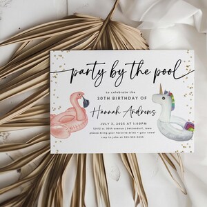 pool birthday party invitation, birthday pool party, flamingo pool float, unicorn pool float, girl&#39;s birthday pool party, editable template