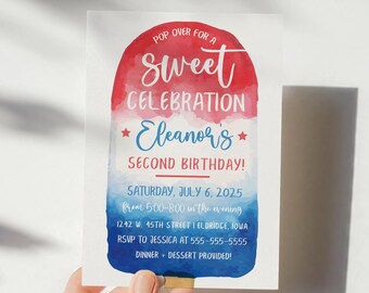 Puede incluir: Invitación de paleta de hielo de acuarela roja, blanca y azul para el segundo cumpleaños de Eleanor. La invitación incluye la fecha, la hora, la ubicación y la información de RSVP.