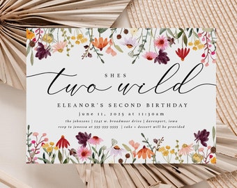 wildflower second birthday party invitation, two wild birthday, 2nd birthday, wildflower birthday, she's two wild, editable template, WFL