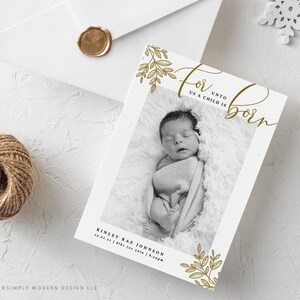 Porque nos ha nacido un niño, anuncio de nacimiento, Isaías 9:6-7, Navidad, tarjeta festiva, imprimible, tarjeta editable